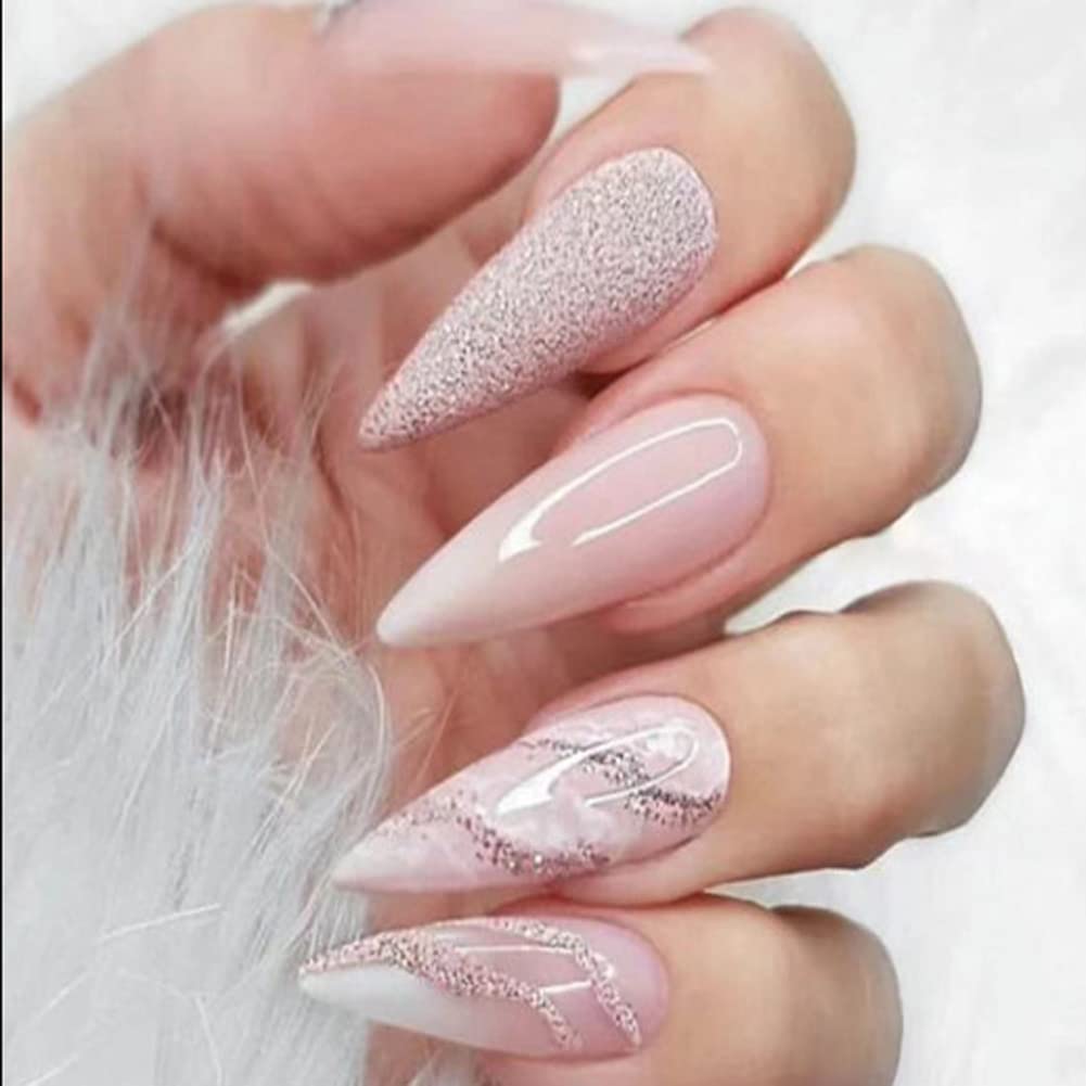 Carufin 24Pcs Plum Blossom Long Pointed French Fake Nails Crystal Acrylic Press on Ballet False Nails for Women Girls (A)