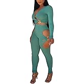 Mintsnow Women's Sexy Two Piece Outfits V Neck Ribbed Cut Out Long Sleeve Crop Top Bodycon Pants Sets Sweatsuit Tracksuits