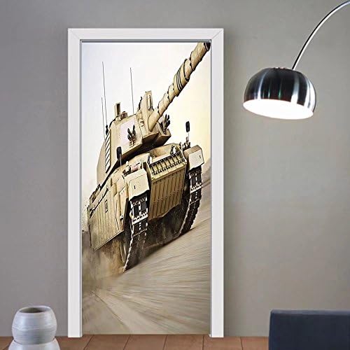 Niasjnfu Chen custom made 3d door stickers War Home Decor Military Tank Moving Speedy with Motion Blur over Sand Dangerous Artillery Weapon Beige For Room Decor 30x79