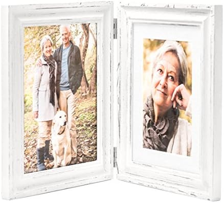 Double Folding 6x8 White Wood Picture Frame with Glass Front - Made to Display Pictures 6x8 Without Mat or 4x6 with Mat - American Class Style Antiquated - Stands Vertically on Desktop or Table Top
