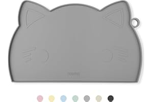 Coomazy Cute Kitty Puppy Face Silicone Cat Dog Feeding Mat for Food Bowls and Water Drinking Fountain Tray (Grey, Medium KittyFace)
