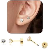 Stud Earrings Set, Flat Back Earrings for Women 14K Gold Hypoallergenic Cartilage Earring 3/4/5mm CZ Cubic Zirconia Earrings Stud for Tragus Cartilage Earlobe Piercing Jewelry Women Gift