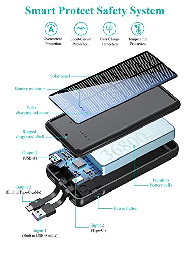 Portable Charger 36800mAh, LENSUM Power Bank Solar Charger with 2 Output Ports, Built-in 2 Durable Cables, External Battery Pack for Cellphone and Tablet