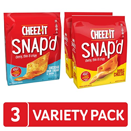 CheezIt Snap'd, Cheese Crackers Chips, Thin Crisps, Lunch Snacks, Variety Pack, 22.5oz Box (3
