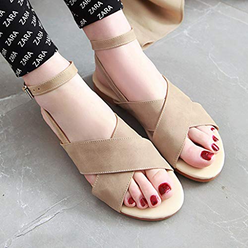Fainosmny Womens Shoes Flat Sandals Belt Buckle Sandals Open Toe Beach Shoes Summer PU Leather Sandals Water Shoes Beige