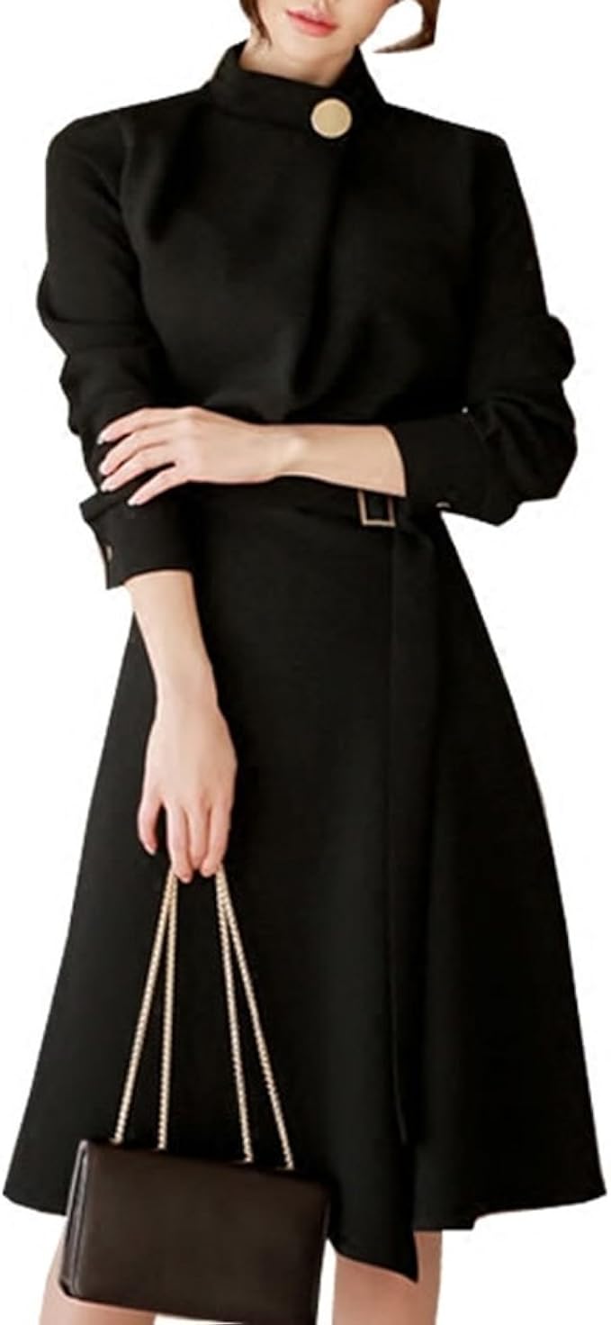 Amazon ワンピース 春 レディース ワンピース ハイネック ドレス フレアワンピース ワンピース 長袖 ワンピース ミディアム丈 ワンピース パーティー ドレス フォーマル カジュアル 痩せる ブラック ベルド付き Aライン ワンピース チュニック 通販