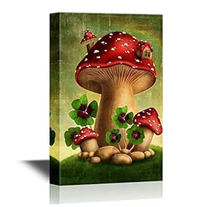 Canvas Wall Art - Mushroom and Lucky Clover in Fairyland - Gallery Wrap Modern Home Art | Ready to Hang - 12x18 inches