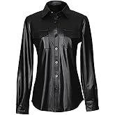 Sorrica Womens Sexy Shiny Metallic PU Faux Leather Nightclub Styles Long Sleeves Button Down Shirts Top