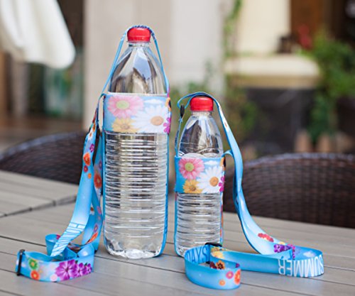 Glovion Adjustable Water Bottle Sling,Compact Lanyard Bottle Carrier - (Adult) Blue Flower