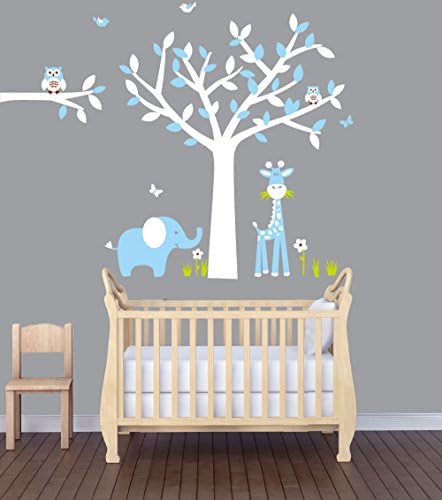 Jungle Animals Tree Wall Decal Giraffe Elephant Birds Wall Sticker Vinyl Art Kids Rooms Baby Wallpaper Murals Sticker Nursery Decor DIY Tree Decals