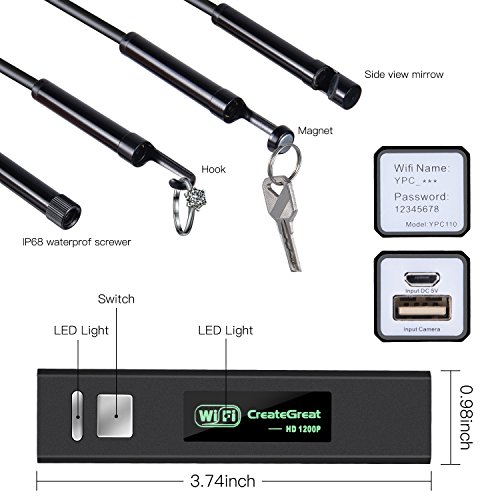 Wireless Endoscope,CreateGreat WiFi Borescope Inspection Camera 2.0 Megapixels 1200P HD Snake Camera with 8pcs Adjustable LED Inspection for Android and IOS Smartphone,Iphone,Samsung,Macbook(15FT)