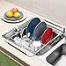 SANNO Expandable Draining Dish Rack Over Sink, Dish Rack in Sink or On Counter,Adjustable Arms Dish Drainer Rustproof Stainless Steel with White Utensil Silverware Storage Holders