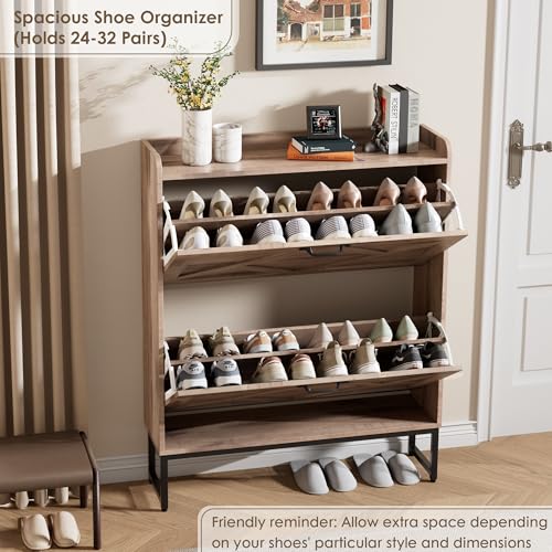 Nicetree Shoe Cabinet with 2 Flip Drawers, Narrow Shoe Storage Cabinet with Metal Legs, Farmhouse Slim Shoe Organizer Cabinet for Entryway, Hallway, Foyer, Toasted Oak
