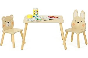 OOOK Wooden Kids Table and Chair Set, Waterproof Desktop Adorable Toddler Table Chairs Set with 2 Animal Chairs
