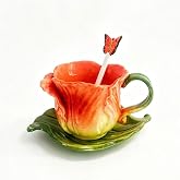 Minigift Ceramic Tea Cup and Saucer Set ，6OZ 3D Hand-Painted Flower Coffee Mug，Gift for Women -Orange Tulip