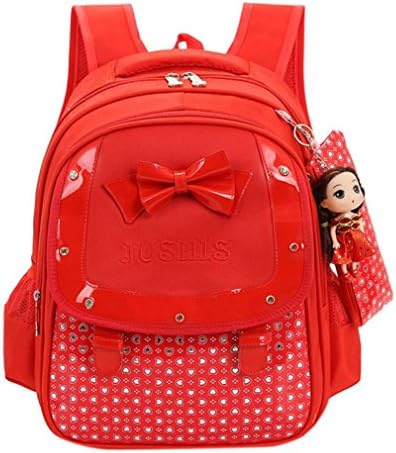 Lovely Girls Backpack School Bag with Pencil Bag and Doll, Kids Bowknot Heart Dot Print Backpack (Red)
