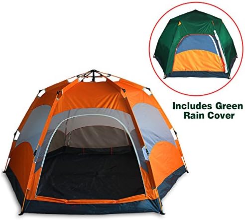 Qwest Premium Automatic 4-6 person Instant Easy Pop Up Camping Tent, Hexagonal, Orange, Double Layer, Double Doors &amp; 4 Windows, Anti-UV Water Resistant Windproof Lightweight Portable