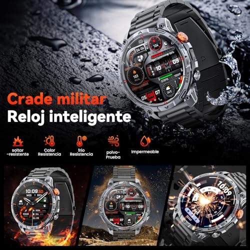 Haulvean Militares Reloj Inteligente Hombre, 1000 mAh Smartwatch, Dos Correas, Pantalla HD 1,75", Linterna LED, 100＋Modos Deportivos, Salud Monitorizada, Llamadas Bluetooth para iOS Android (Negro)