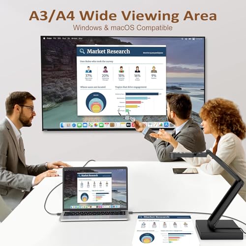 Visualiser for Teaching: 12MP Document Camera & 4K Webcam with Manual Zoom, Auto Focus, Built-in Mic, LED Light, For Mac/Windows/Chromebook, Zoom/OBS | for A3, Distance Learning, Online Art