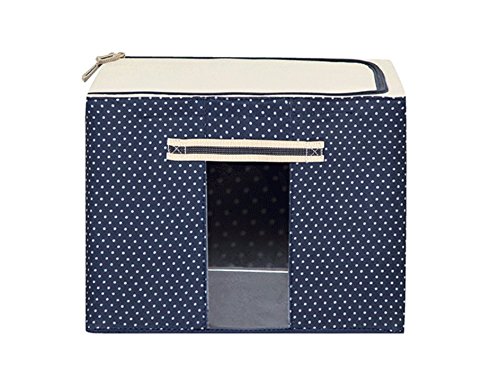 JJMG Stackable Storage Box Polka Dots Oxford Cloth Steel Frame Shelf Quilt Clothing Blanket Pillow Shoe Holder Container Organizer See-through Window double zipper Folding - Dark Blue (2 pack x 66L)