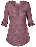 Womens Shirts, Jazzco Women's Henley V Neck Cuffed Sleeve Latest Clothing Classic Blouse Tops for Work (Wine,X-Large)