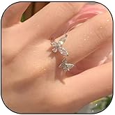Dtexhif Silver Double Butterfly Ring for Women Dainty Cubic Zirconia Open Butterfly Finger Ring Adjustable Rhinestone Double Butterfly Knuckle Ring for Women