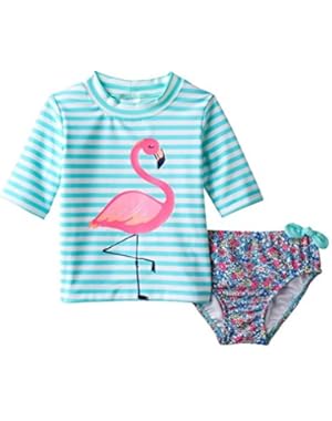 Baby Girl Striped Flamingo Rash Guard & Floral Swim Bottoms