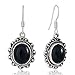 925 Oxidized Sterling Silver Black Onyx Gemstone Oval Rope Edge Vintage Dangle Earrings 1.4