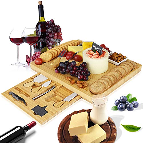 Cheese Board Set, Loyalfire Bamboo Large Thick Charcuterie Platter Serving Tray with Slide Out Drawer for Cutlery 4 Stainless Steel Knives and Wooden Server, for Wine, Crackers, Brie and Meat - Thumbnail 7