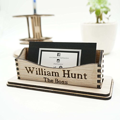 Custom Personalized Name Wooden Business Cards Holder Office Desk Tray Storage Organization Supplies Minimalist Modern Boss Coworker Manager Gift