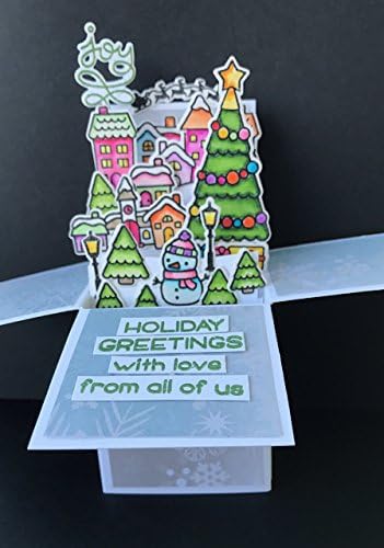 3D Christmas pop up box card - 3d watercolor Christmas card with christmas village, tree and snowman - lawn fawn christmas card in a box