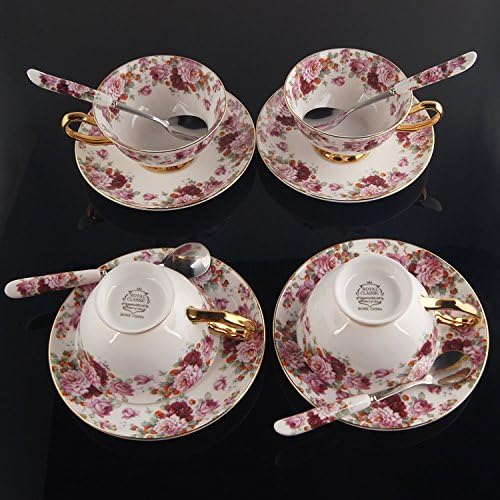 NDHT Set of 4 Bone China Ceramic Tea Cup Coffee Cup Set Coffee Cup with Saucer,Small Flower,White and Red