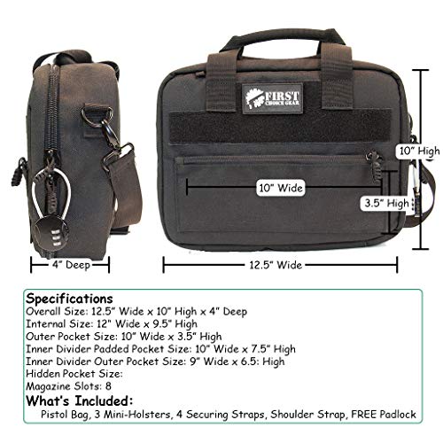 Pistol Case Range Bag for Handguns by FirstChoice Gear - 2 to 4 Gun Padded Tactical Handgun Shooting Soft Case, Lockable Zippers w/Padlock, 3 Mini-Holsters, 8 Mag Slots, 4 Pockets, Range Mat (Black)