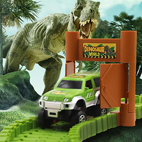 Bdwing Dinosaur Race Car Track Toys, Flexible Assembly Car Tracks Train Set for Boys Girls Toddlers and Kids (Extra 1 Set Traffic Signs) Best Gift for 2 3 4 5 Years Old