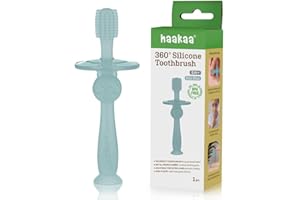 haakaa 360° Silicone Baby Toothbrush – 100% Soft Food Grade Silicone, BPA-Free, Suction Base, Safe for Babies 6 Months+, Gentle Gum and Teeth Cleaning for Infants, Gum Massager (Mist Blue)