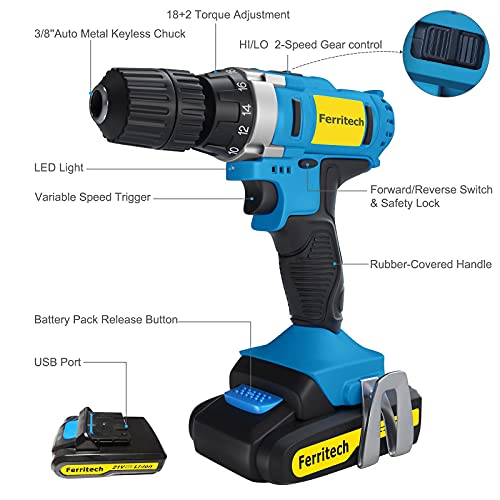 Cordless Drill 20v with 2 Batteries and Charger Power Drill Bit Set