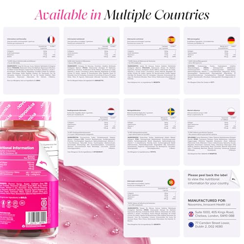 Collagen Gummies - Collagen Peptides with Hyaluronic Acid, Vitamin C & Biotin - Collagen Supplements for Women & Men - More Convenient Than Collagen Powder - 60 Marine Collagen Gummies - Novomins