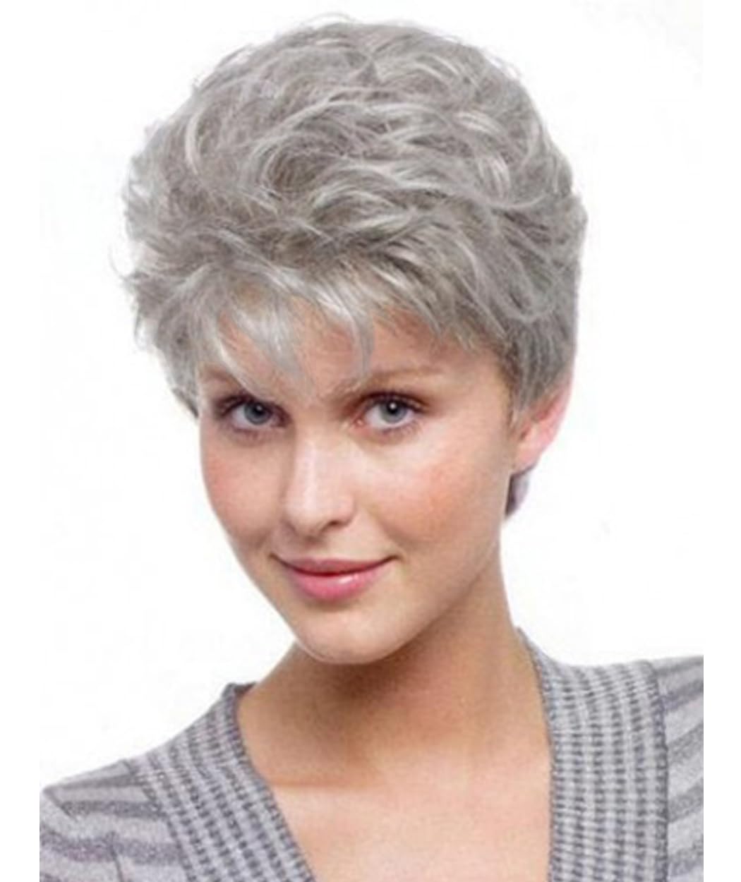 Royalfirst Short Curly Wigs for Women Silver Gray Hair Wigs with Bangs Looking Natural As Real Hair Heat Resistant Synthetic Fashion Wig with Free Wig Cap