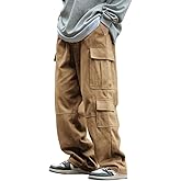 THWEI Mens Cargo Pants Drawstring Elastic Waist Casual Baggy Pant Streetwear Multi Pockets Khaki 2XL