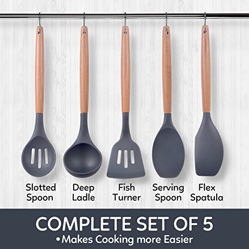 SAVORLIVING Silicone Kitchen Utensil 5 Pieces Set with Wooden Handle, Cooking Tools including Spatula,Turner, Soup Ladle, Serving Spoon,Slotted Spoon, 7.9 inches , Grey