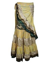 Mogul Interior Women's Long Wrap Skirt Ruffled Layers Upcycled Silk Tiered Beach Boho