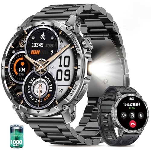 Reloj Inteligente Hombre Militar con Batería 1000 mAh y Linterna LED, 1.7” Smartwatch Hombre con Llamadas Bluetooth Pulsómetro SpO2 Monitor de Sueño 110+ Modos Deportivos Android iOS (Acero Negro)