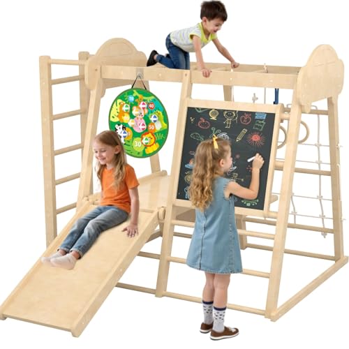 9-in-1 Indoor Jungle Gym, Montessori Indoor Playground for Toddlers,Wooden Climber Set with Swing, Slide, Monkey Bars, Climbing Neting, Upright Ladder, Climbing Ladder, Rings, Black Board, Dart Board