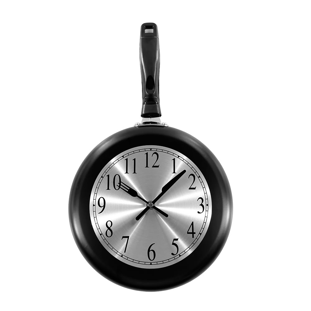 Wall Clock, 10 inch Metal Frying Pan Kitchen Wall Clock Home Decor - Kitchen Themed Unique Wall Clock with a Screwdriver (Black)