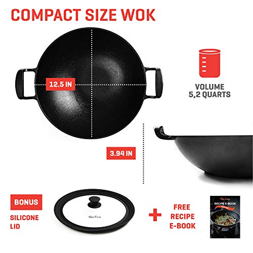 Uno Casa Cast Iron Wok Pan - Flat Bottom Wok with Silicone Lid - 12.5 Inch, 5.2 Q - Thumbnail 3