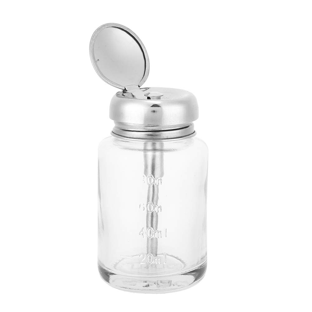 Tiiyee Nail Polish Remover Pump Bottle Dispenser 80ml, Refillable Glass Acetone Container Pump with Lockable Stainless Steel Cap Travel Friendly Leakproof Design for Makeup Liquids