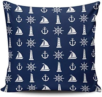 WULIHUA Decorative Throw Pillow Covers Navy Blue and White Nautical Lighthouse Anchor Boat European Outdoor Cushion Cover Pillowcase Size 26x26 Inch Simple and Elegant Design Double Sided Printed