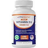 Vitamatic Vegan Vitamin D3 5000 IU | Plant Based Vitamin D from Lichen | Made with Carrot, Beet, Broccoli, Brown Rice & Parsley | 180 Capsules | Non-GMO, Gluten-Free | Made in USA