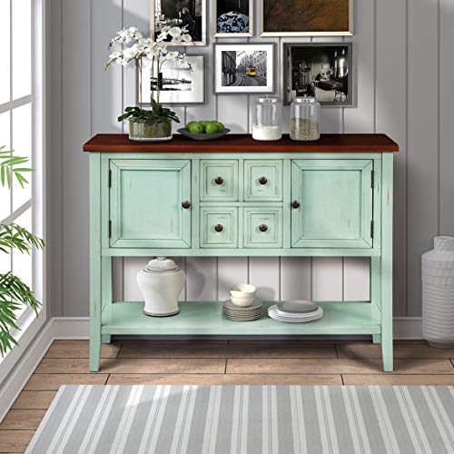 LOKESI Console Table Buffet Sideboard Sofa Table with 4 Storage Drawers Two Cabinets and Bottom Shelf (Antique Blue)