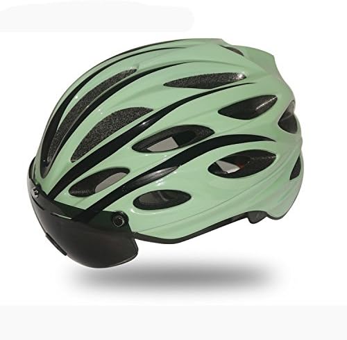 Goggles Cycling Helmet, Lightweight Adjustable with LED Warning Light for Adult BMX MTB Bicycle Racing, Green